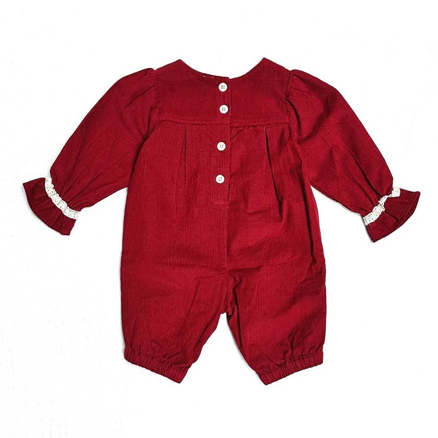 Embroidered Corduroy Festive Baby Jumpsuit (Organic): Pinot Red / 6-12M