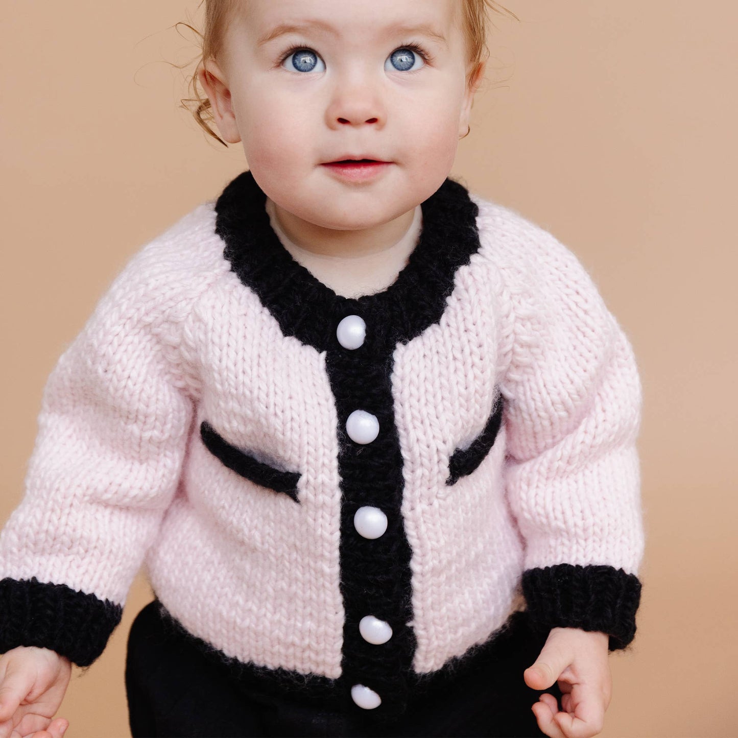 Coco Cardigan, Baby Pink/Black | Kids Pearl Sweater: M; 2-3Y