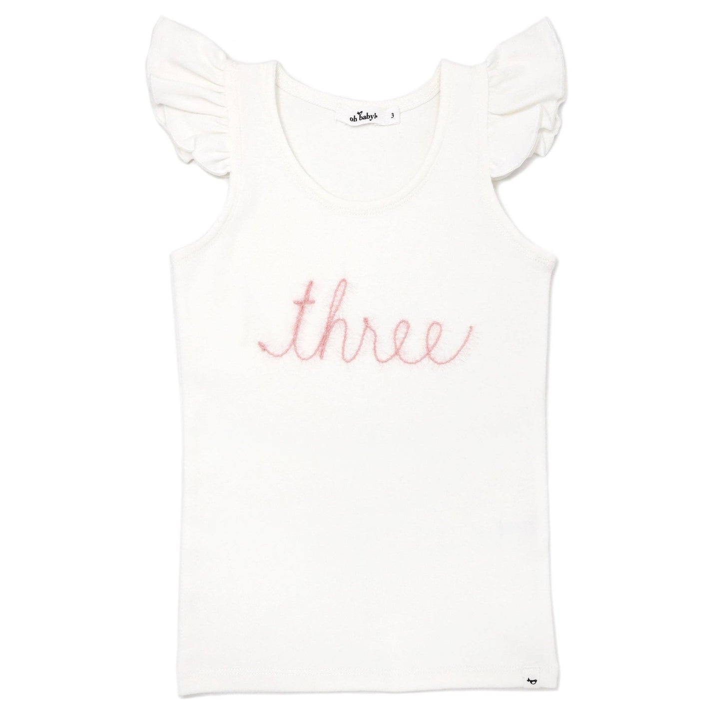 "Three" Pink Sparkle Embr Cotton Baby Rib FS Tank: Cream / 3