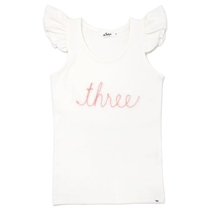 "Three" Pink Sparkle Embr Cotton Baby Rib FS Tank: Cream / 3