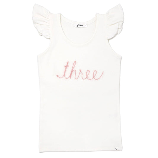 "Three" Pink Sparkle Embr Cotton Baby Rib FS Tank: Cream / 3