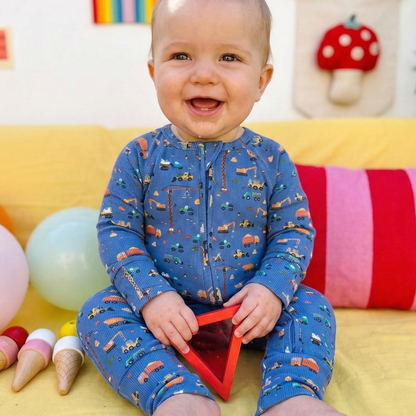 Small Ribbed Bamboo Zip Romper — Blue Construction