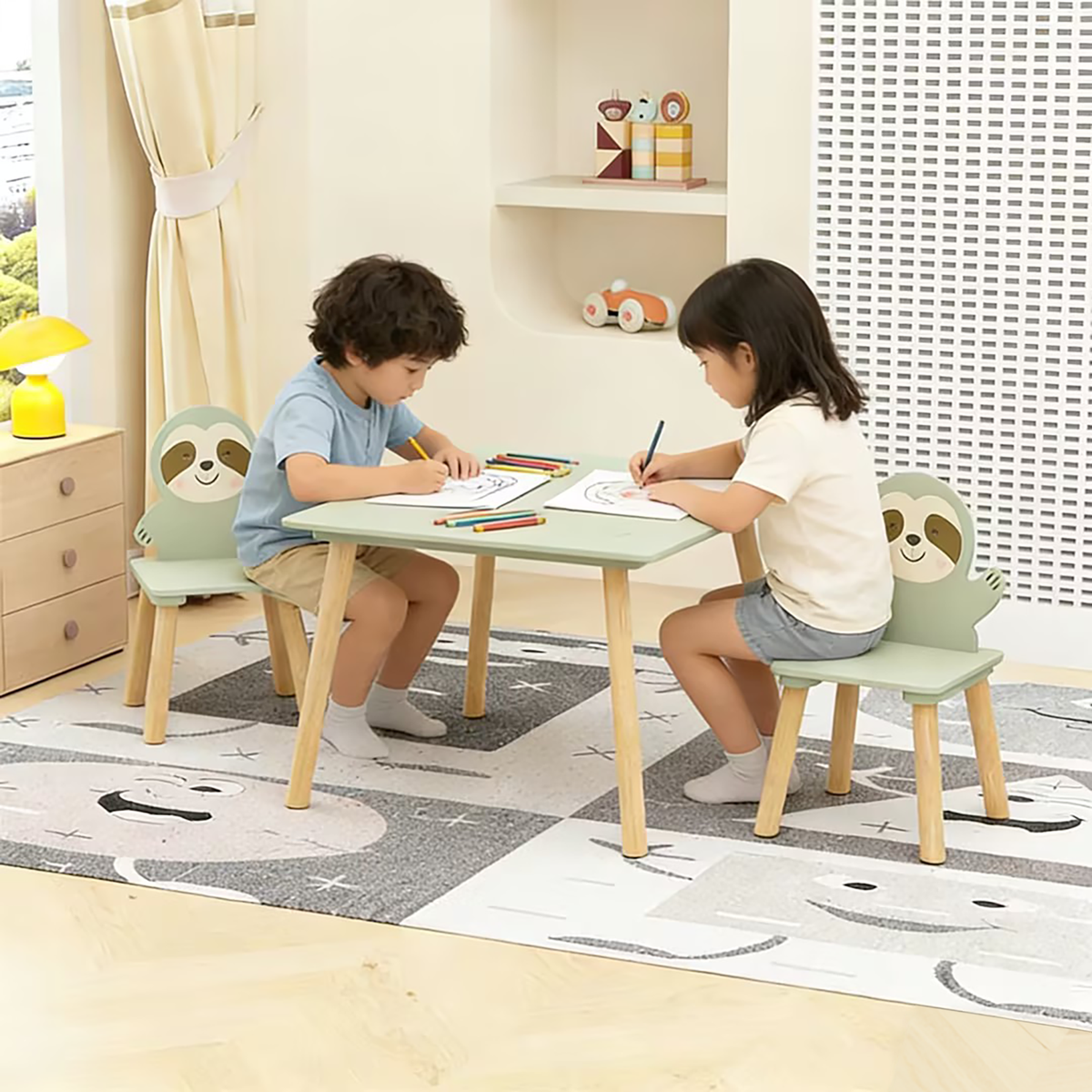 Kids Sloth Bookshelf, Book Rack, Table Chair Set, Sage Green