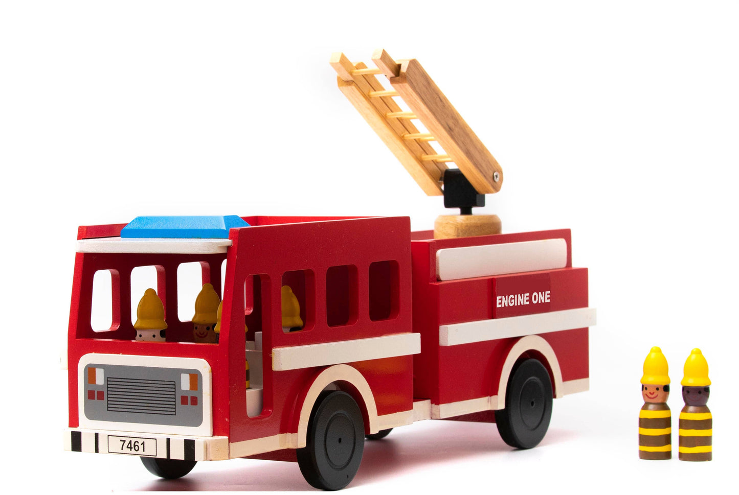 Large Wooden Fire Truck Toy – 20” Ladder Engine with 6 Firefighters