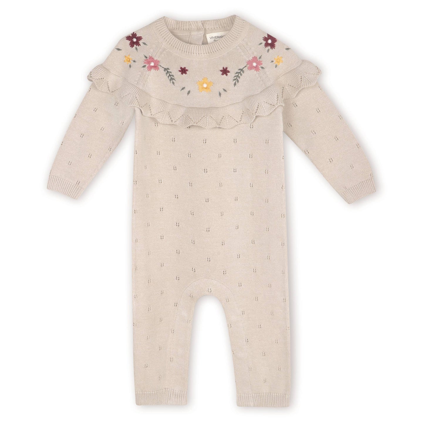 Florence Floral Embroidered Organic Pointelle Baby Jumpsuit: Stone / 12-18M