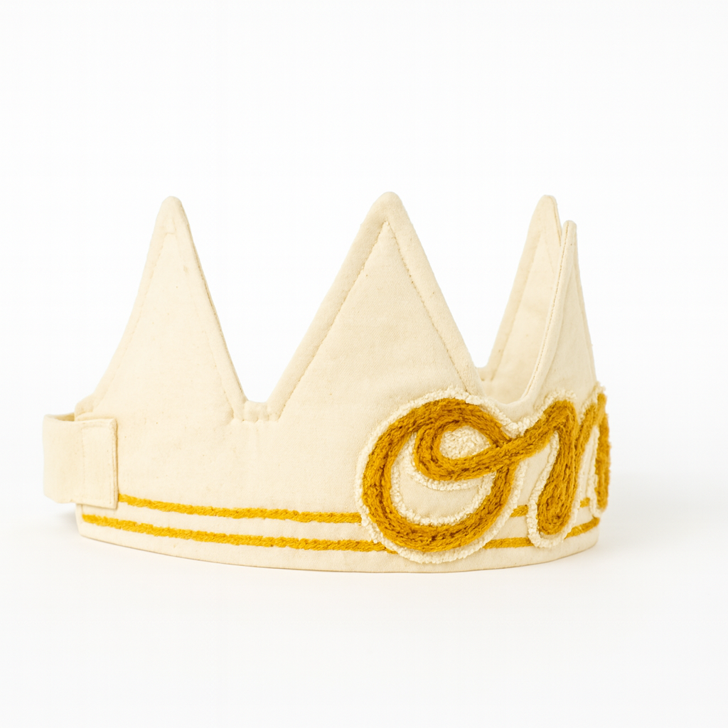 Handmade First Birthday Crown – Mustard Yarn “One”