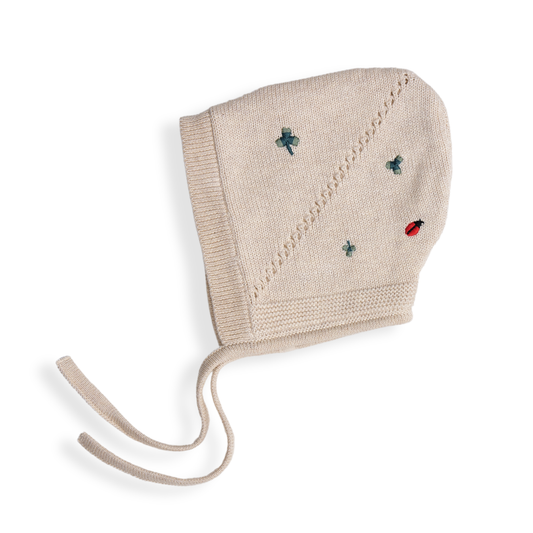Baby Bonnet - Organic cotton - Knitted - Cream & Embroidery