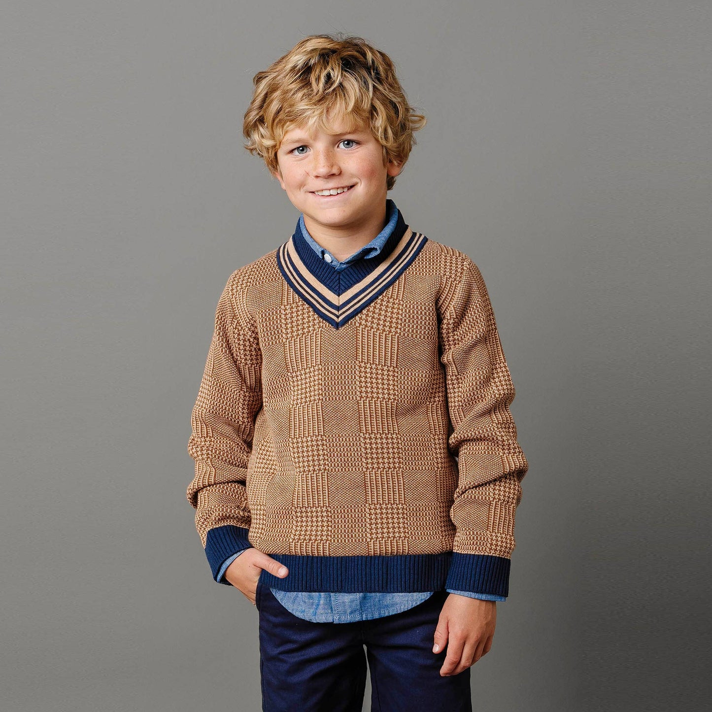 Organic Intarsia Cricket Sweater - Baby: Brown Glen Plaid Intarsia / 18-24 Months