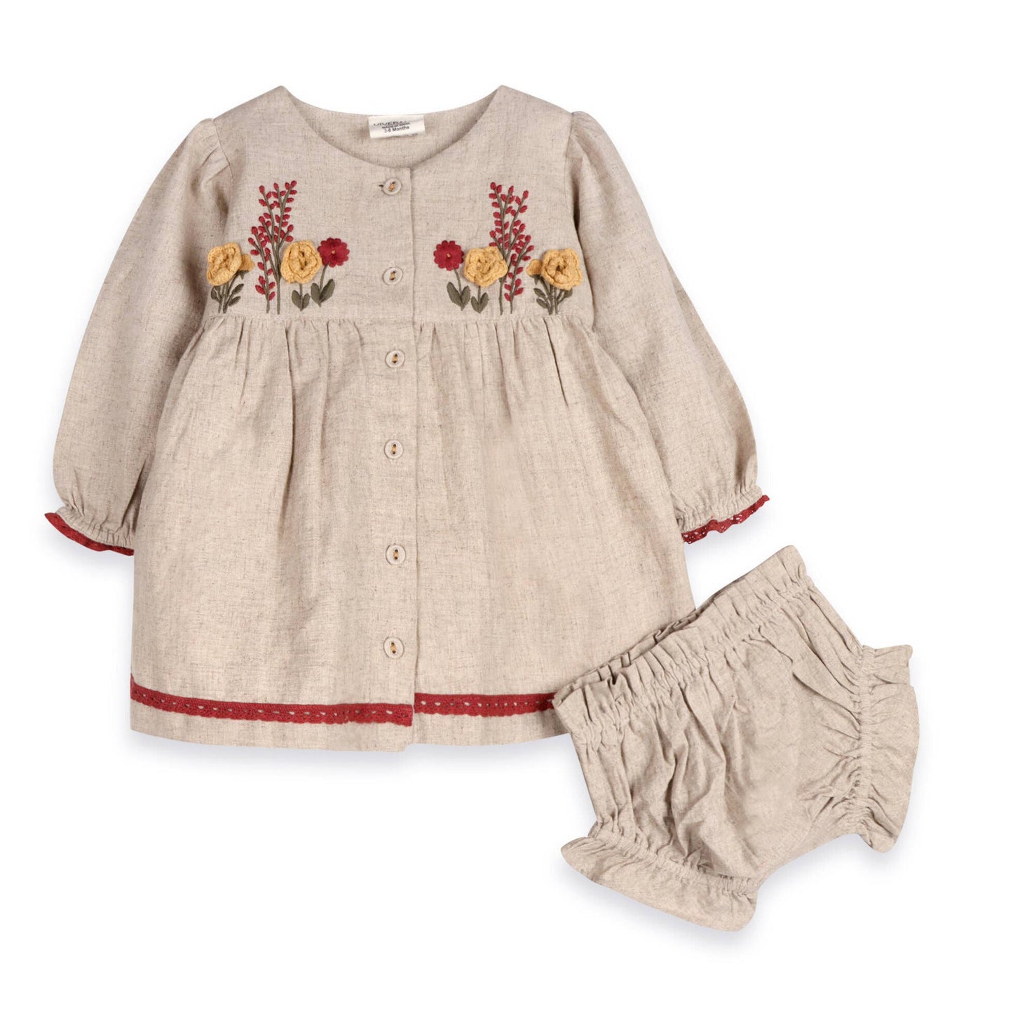 Ravello Embroidered Baby Dress & Bloomer (Linen Blend): Natural / 18-24M
