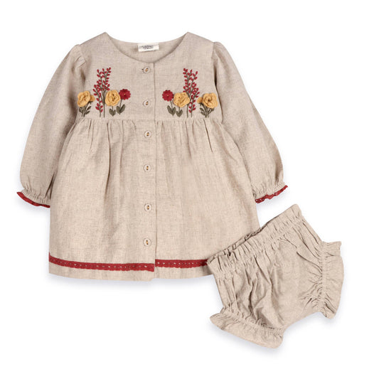 Ravello Embroidered Baby Dress & Bloomer (Linen Blend): Natural / 3T
