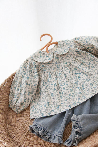 Blue Floral Puff Sleeve Blouse