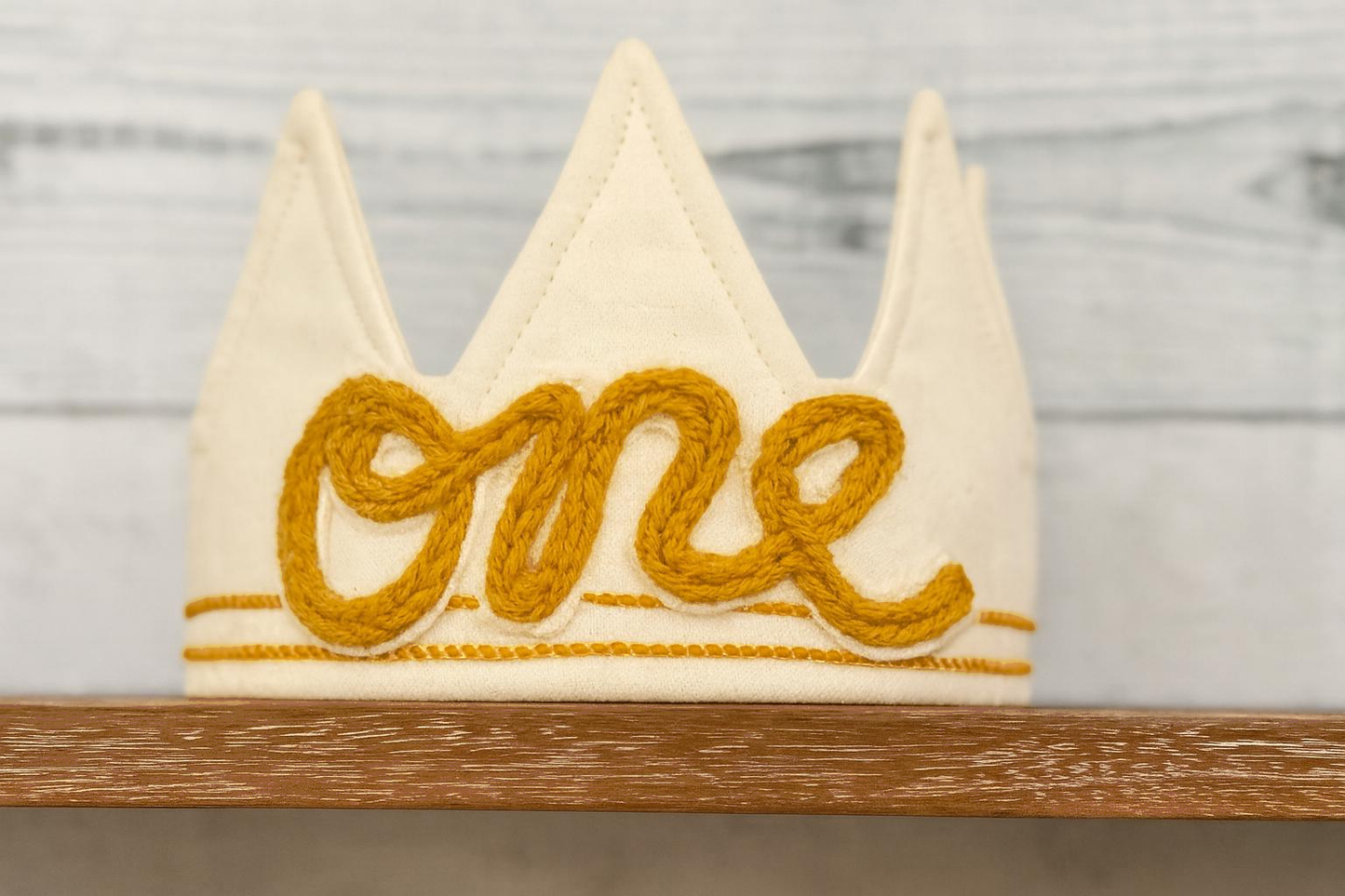 Handmade First Birthday Crown – Mustard Yarn “One”