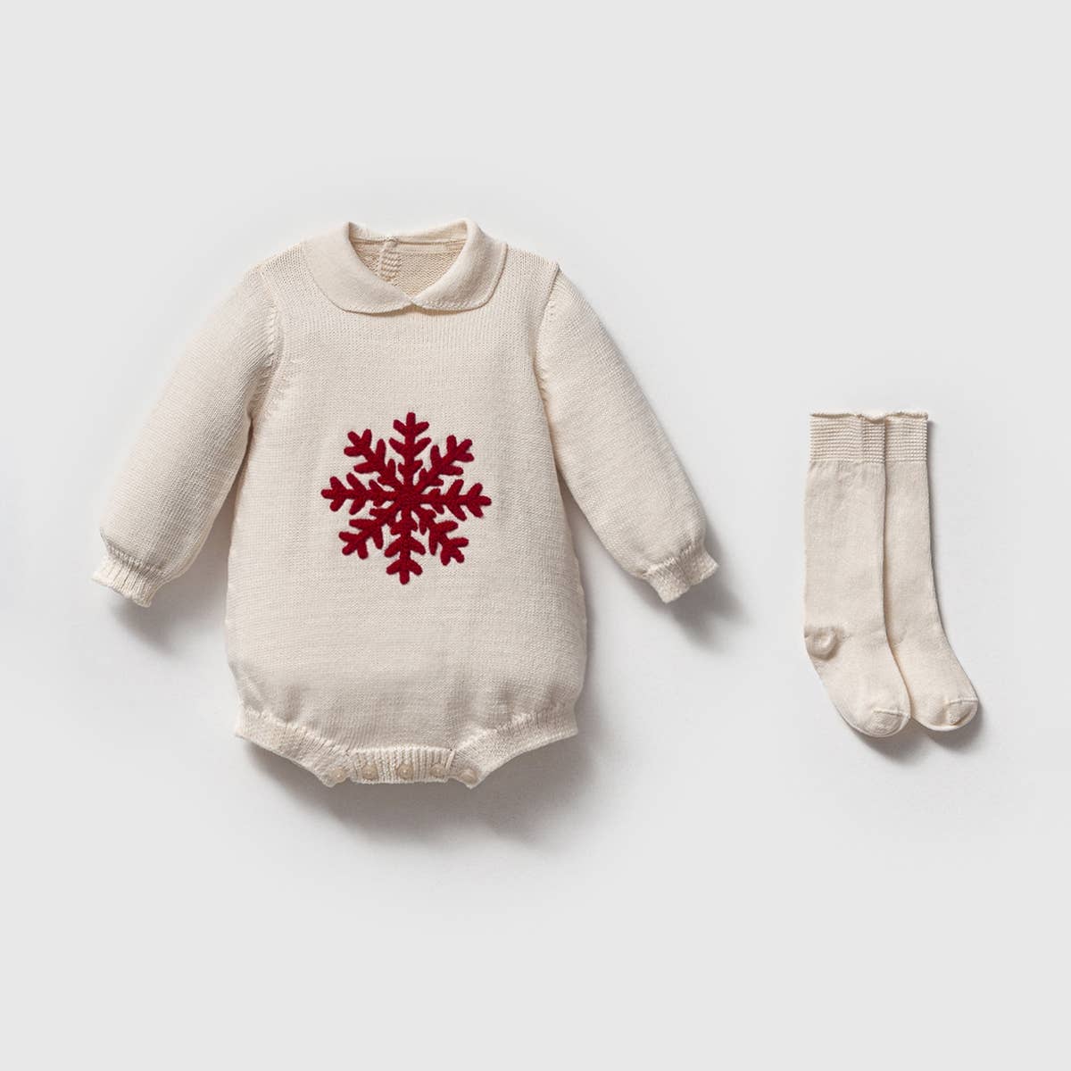 Baby Girl Christmas Knitted Romper with Snowflake Embroidery: Cream / 3-6M