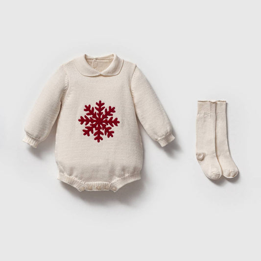 Baby Girl Christmas Knitted Romper with Snowflake Embroidery: Cream / 3-6M