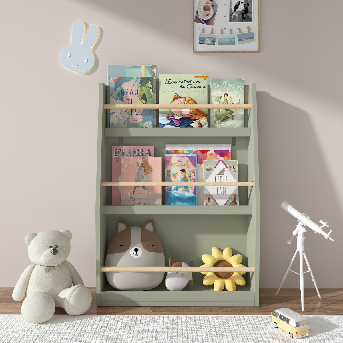 Kids Sloth Bookshelf, Book Rack, Table Chair Set, Sage Green