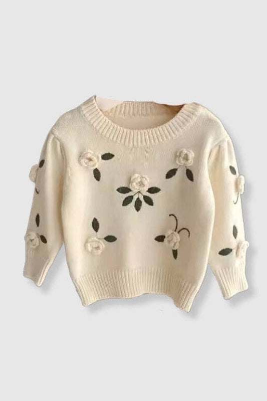 100% Cotton Knit Sweater with Floral Embroidery Detail - Cream: 3T