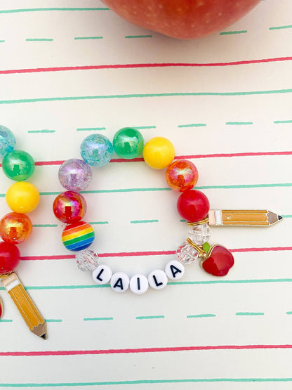 Back to School Pencil and Apple Kids Beaded Charm Bracelet