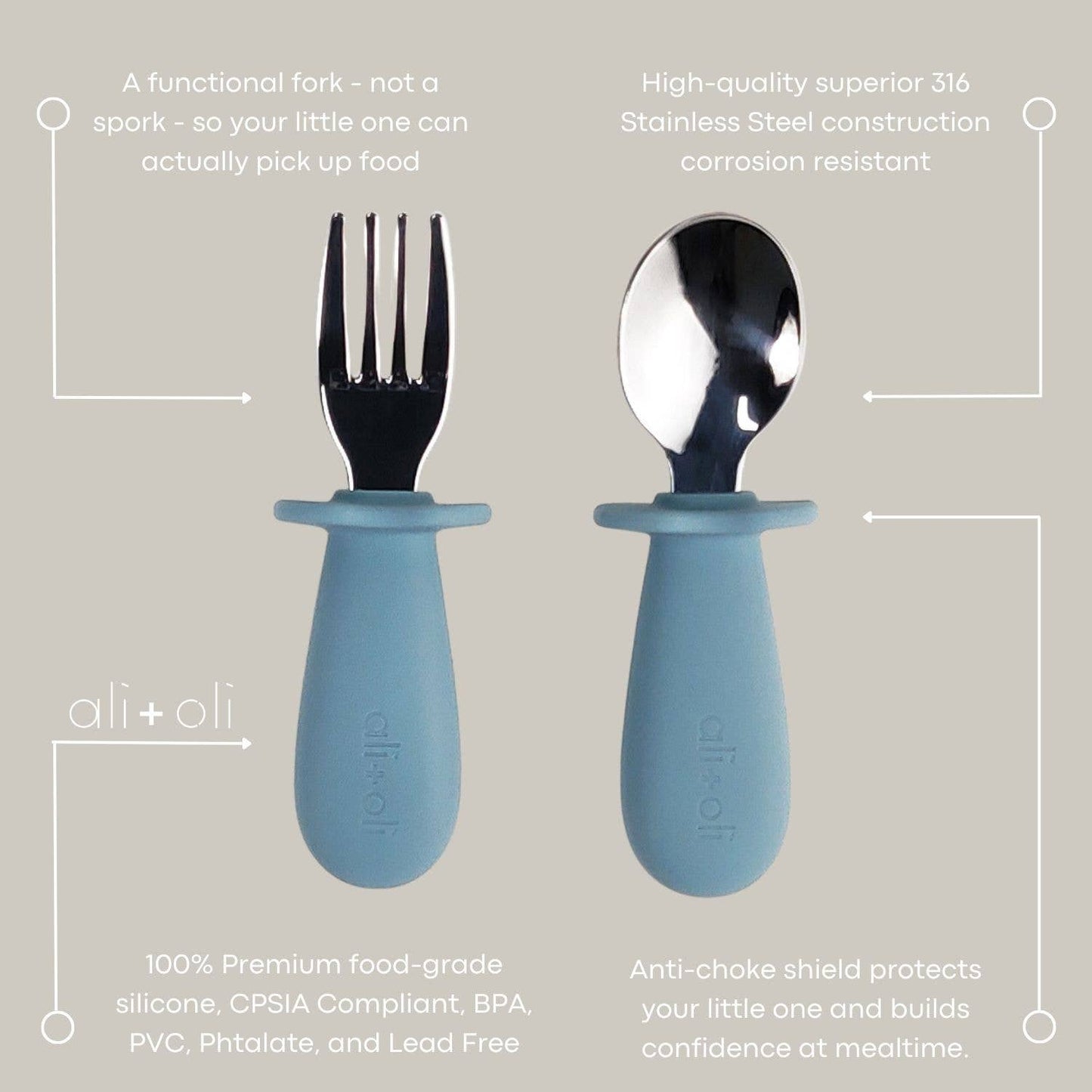 Ali+Oli Spoon & Fork Learning Set for Toddlers (Blue) 6m+
