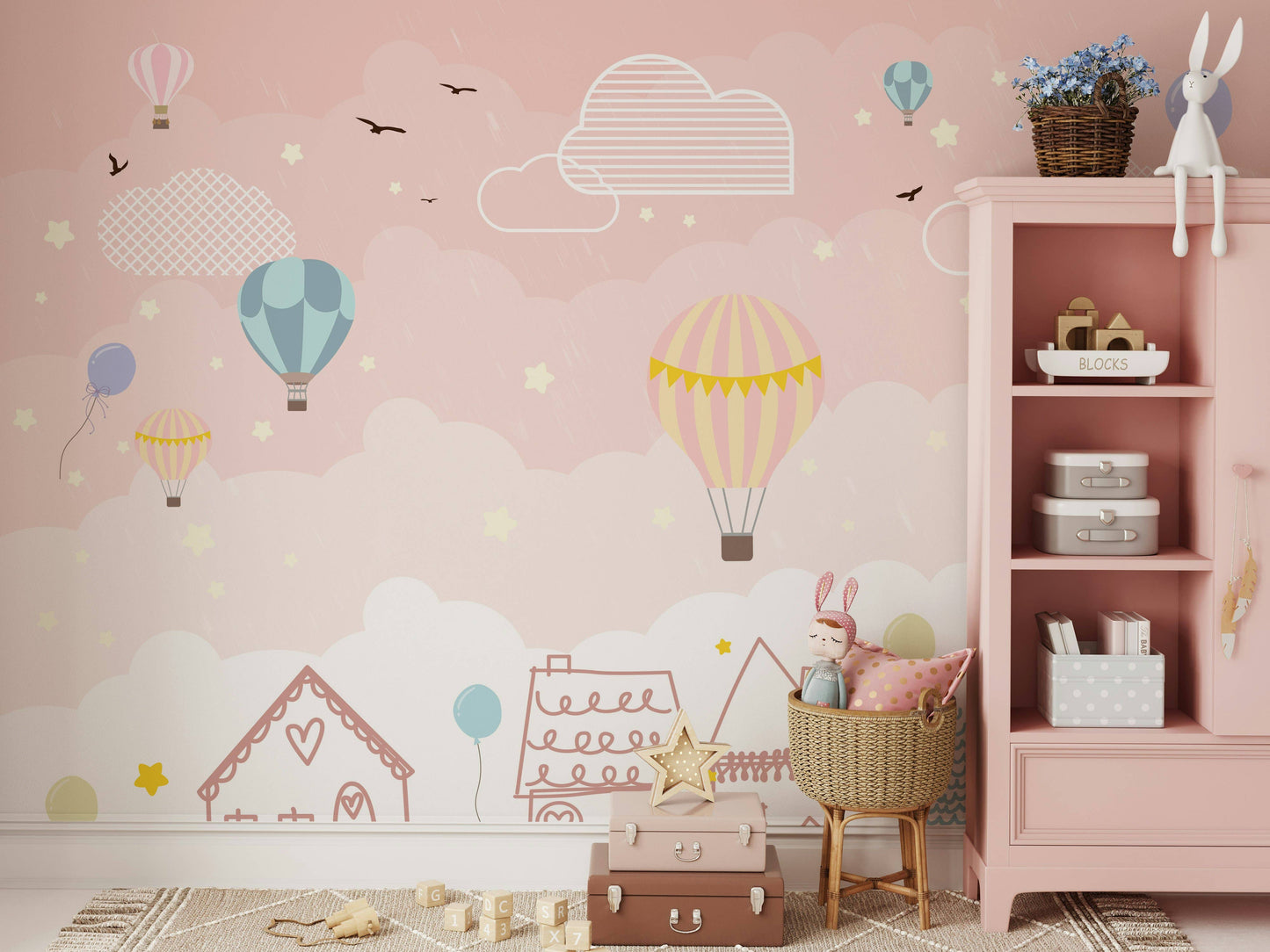 Hot Air Balloons Cloud Bird Star House Pink Background Mural: Vinyl / W:55" x H:35"