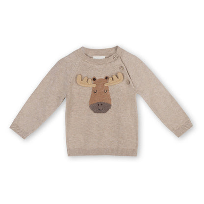 Moose Applique Raglan Baby Pullover Sweater (Organic Cotton): Oat Heather
