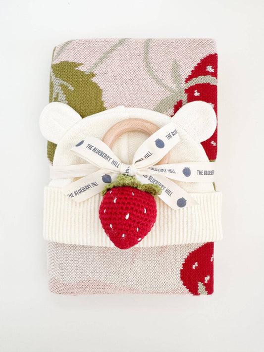 Strawberry Blanket Flower Rattle Gift Set: Blush / 0-6m