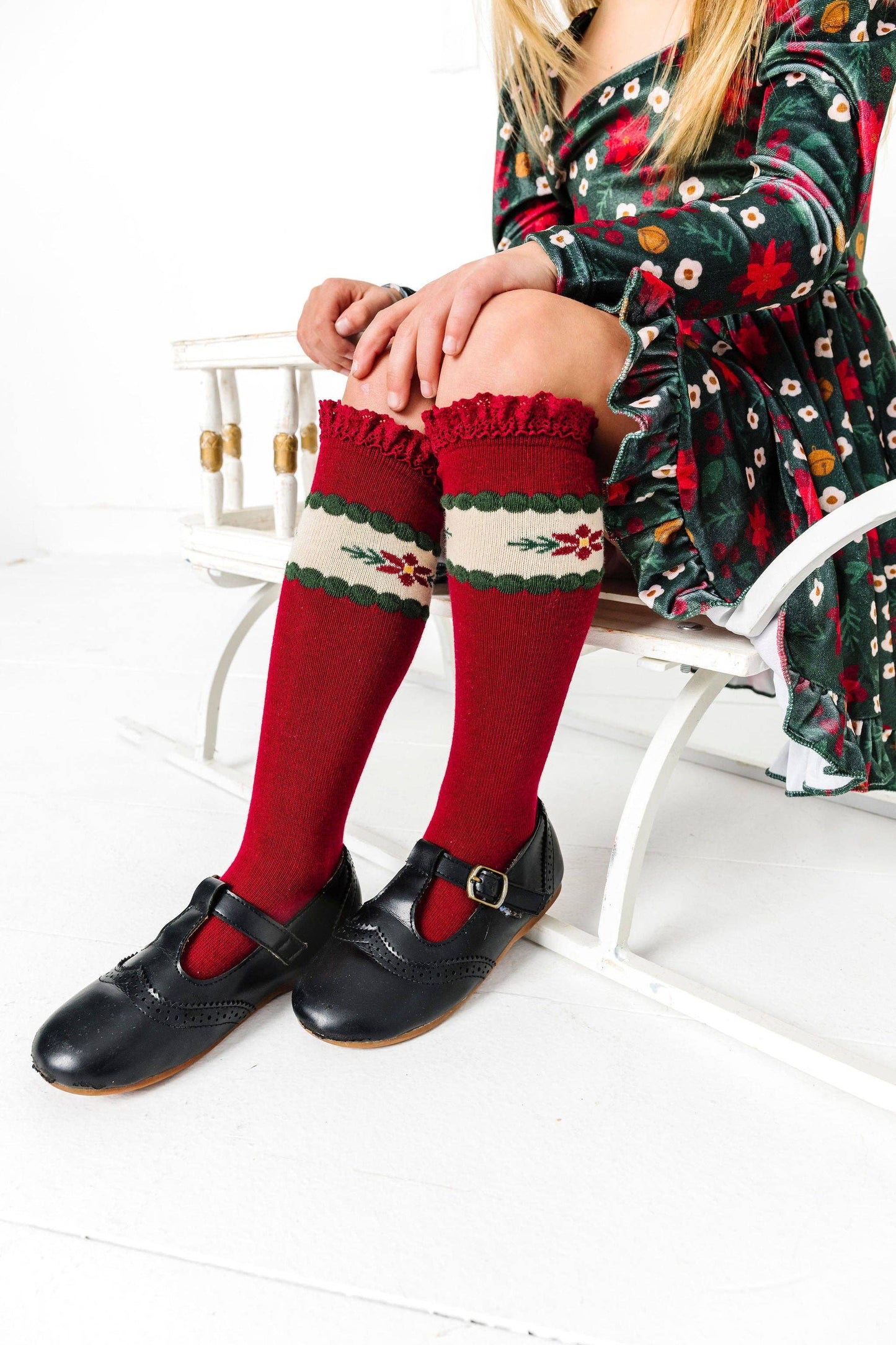 Poinsettia Lace Top Knee High Socks: 1.5-3 YEARS