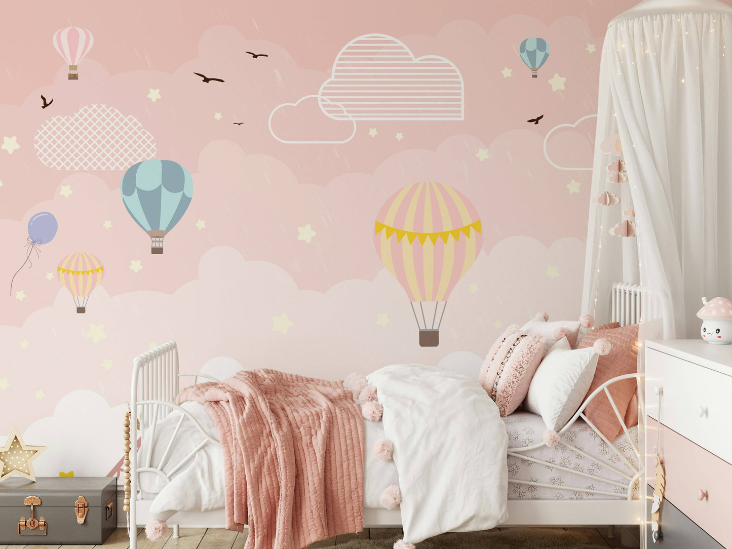 Hot Air Balloons Cloud Bird Star House Pink Background Mural: Vinyl / W:55" x H:35"