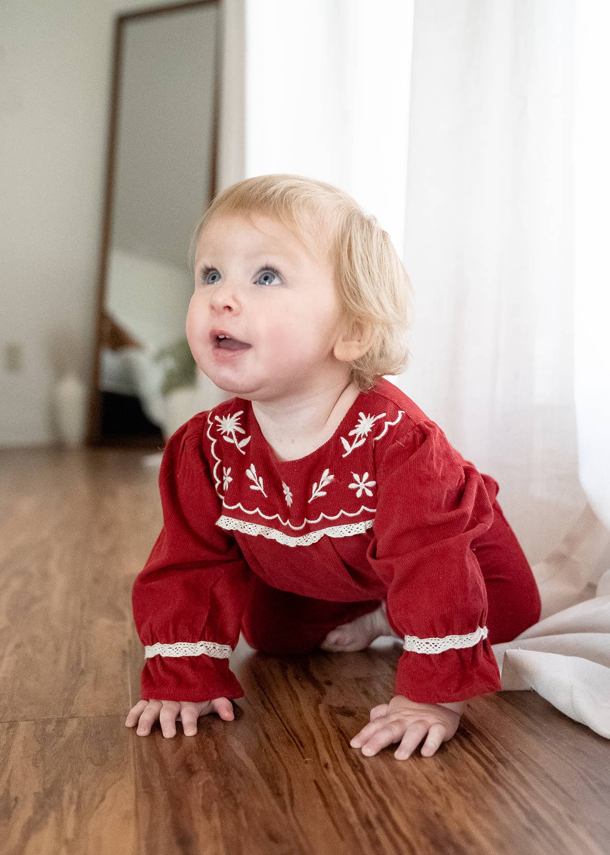Embroidered Corduroy Festive Baby Jumpsuit (Organic): Pinot Red / 6-12M