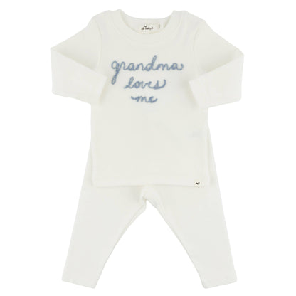 Oh baby! Two Piece Set - "grandma loves me" Fog Embroidered - Cream: Cream / 3-6 mo