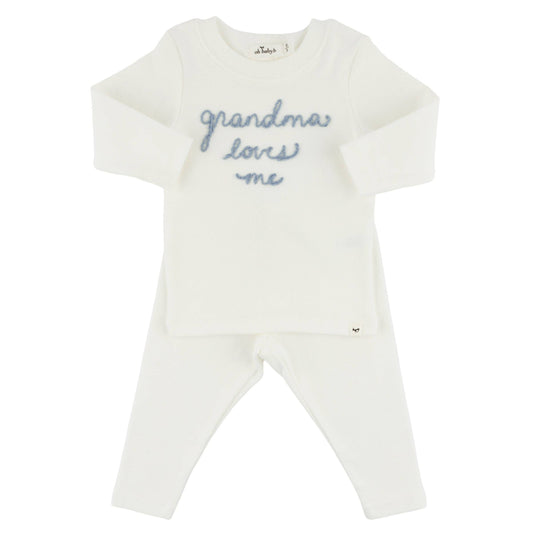 "grandma loves me" Fog Embroidered Two Piece Set - Cream