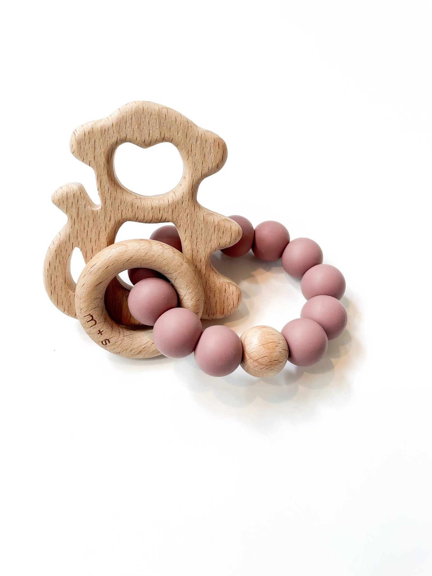 Monkey Teether- Silicone and Beech Wood: Blush