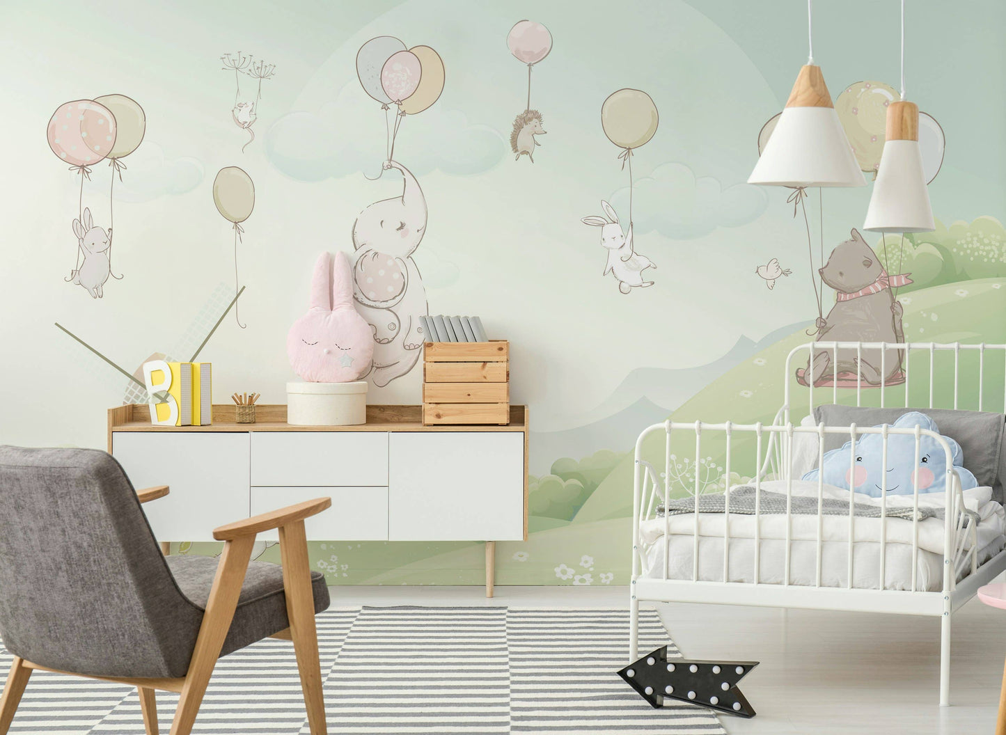 Kids Little Elephant Animal Cartoon Windmill Wallpaper Mural: Vinyl / W:75" x H:49"