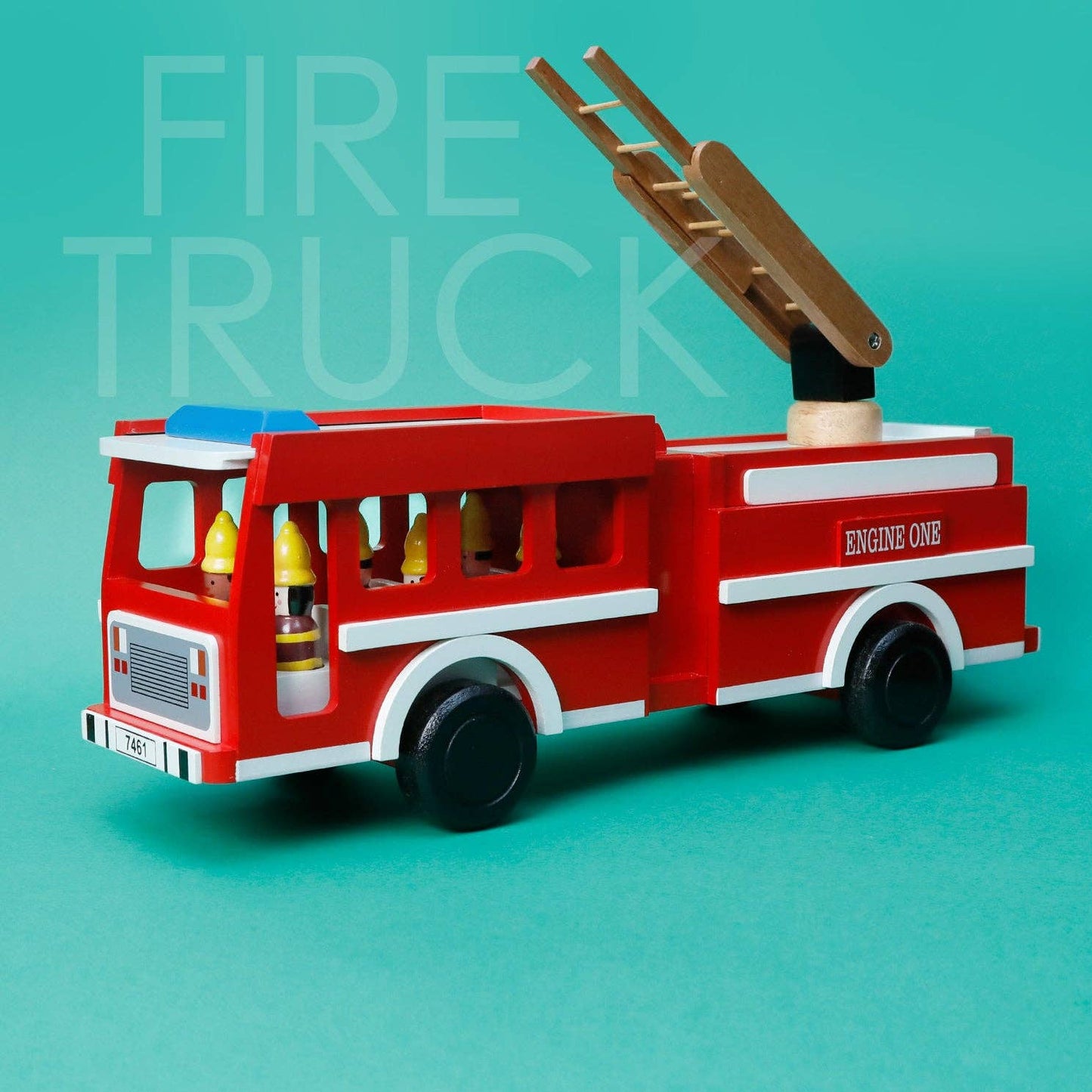 Large Wooden Fire Truck Toy – 20” Ladder Engine with 6 Firefighters