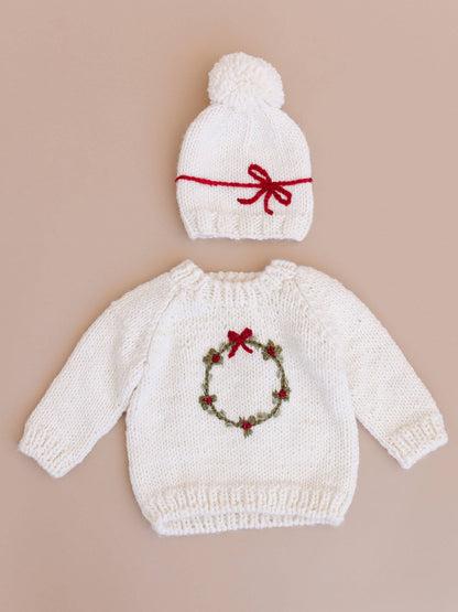 Wreath Sweater Baby Kid Christmas Holiday Bow: Cream / S 12-24m