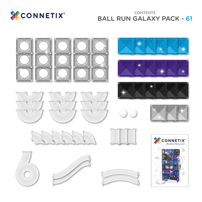 CONNETIX Magnetic Tiles Glitter Galaxy Ball Run Pack, 61 pc