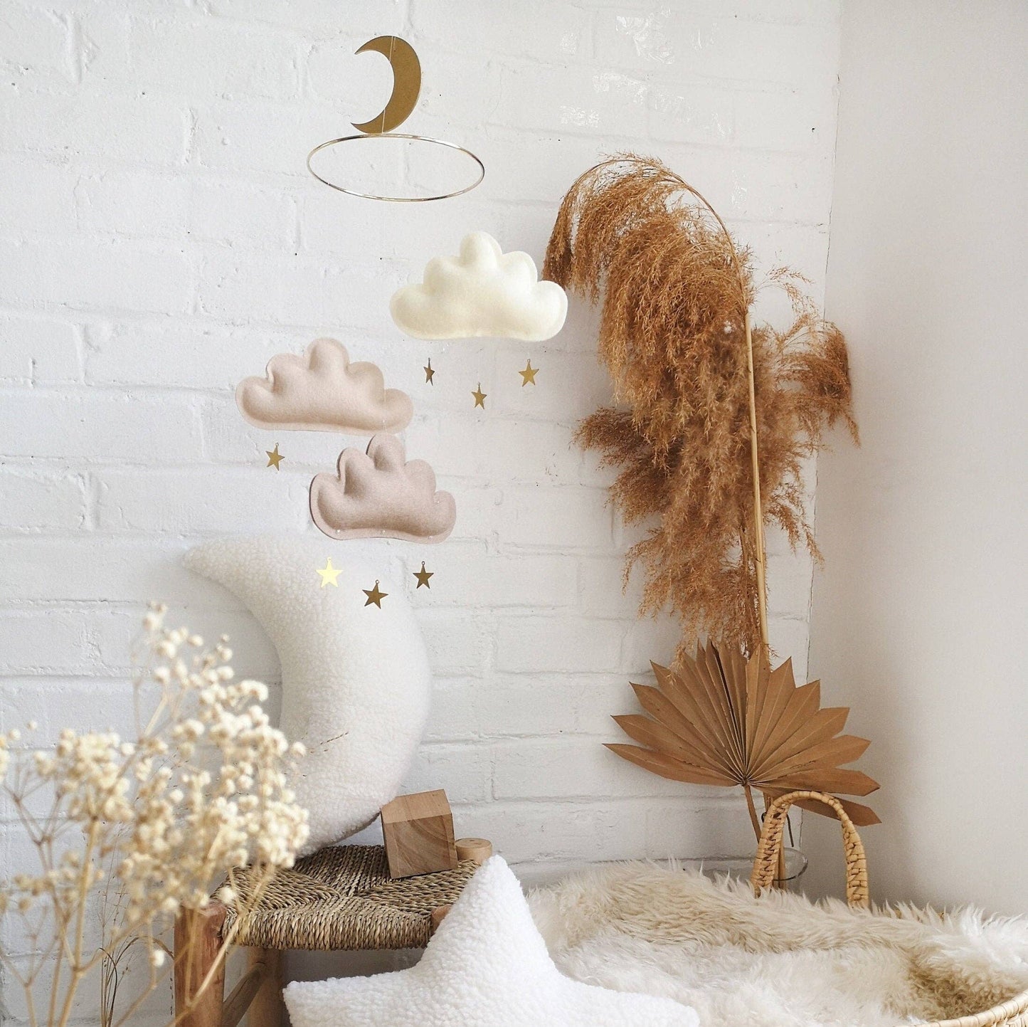 Clouds and stars baby mobile - Ivory, beige, taupe