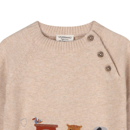 Animal Train Applique Sweater Knit Baby Pullover Organic: Oatmeal Heather / 12-18M