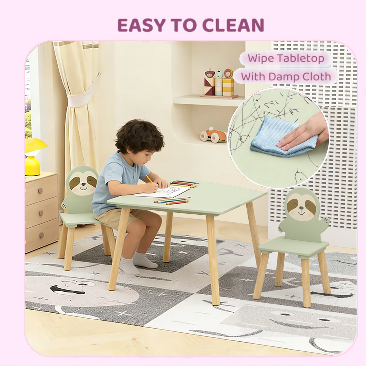 Kids Sloth Bookshelf, Book Rack, Table Chair Set, Sage Green