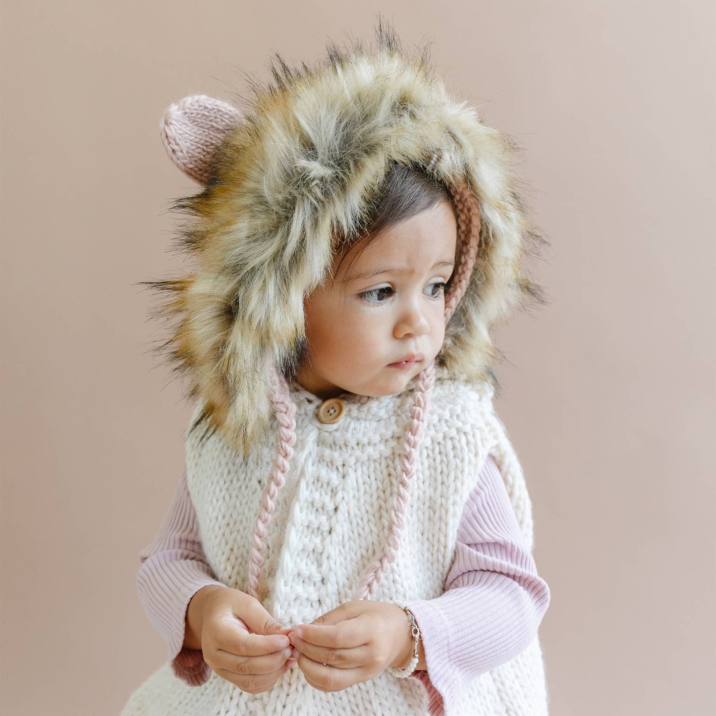 Poncho with Faux Fur Pom, Cream Kids Child Winter Holiday: S; 1-2yrs