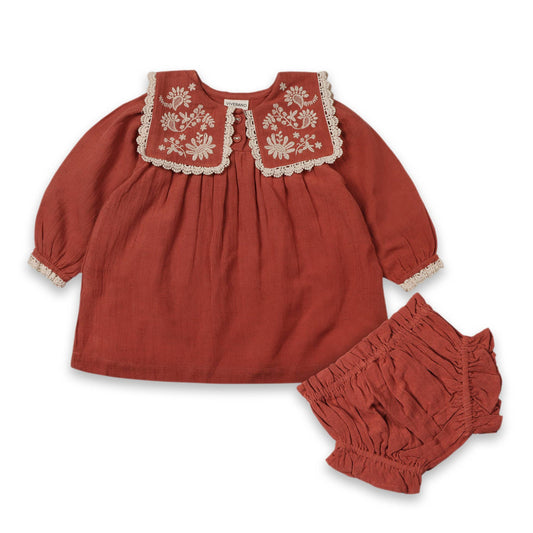 Sola Embroidered Collar Baby Dress & Bloomer -Organic: Sienna / 18-24M