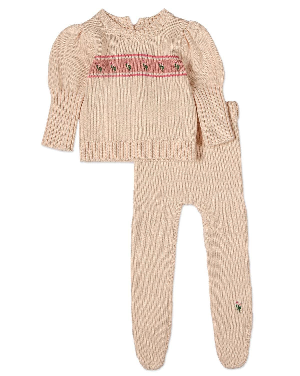 Tiptoe Through The Tulips 2 Pc Knit Legging W Feet Cover Set: Pink Multi / 6-M