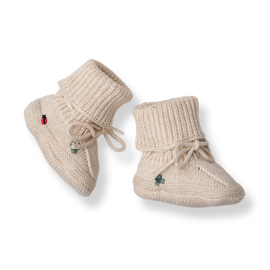 Baby Booties - Organic cotton - Knitted - Cream & Embroidery