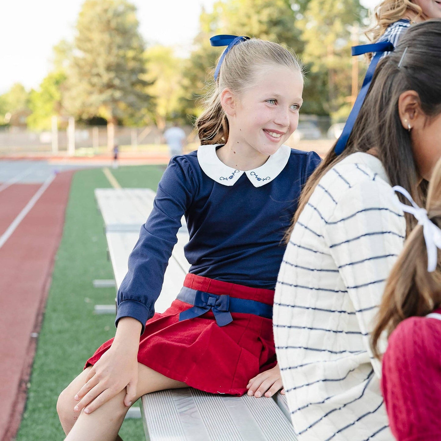 Organic Peter Pan Collar Knit Top: Navy with Embroidery / XX-Small