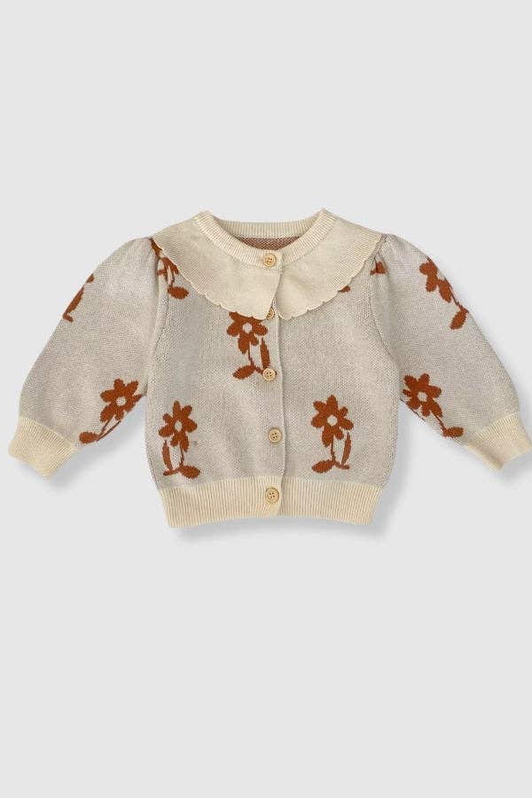 100% Cotton Knit Sweater with Peter Pan Collar and Floral Detail: 3T