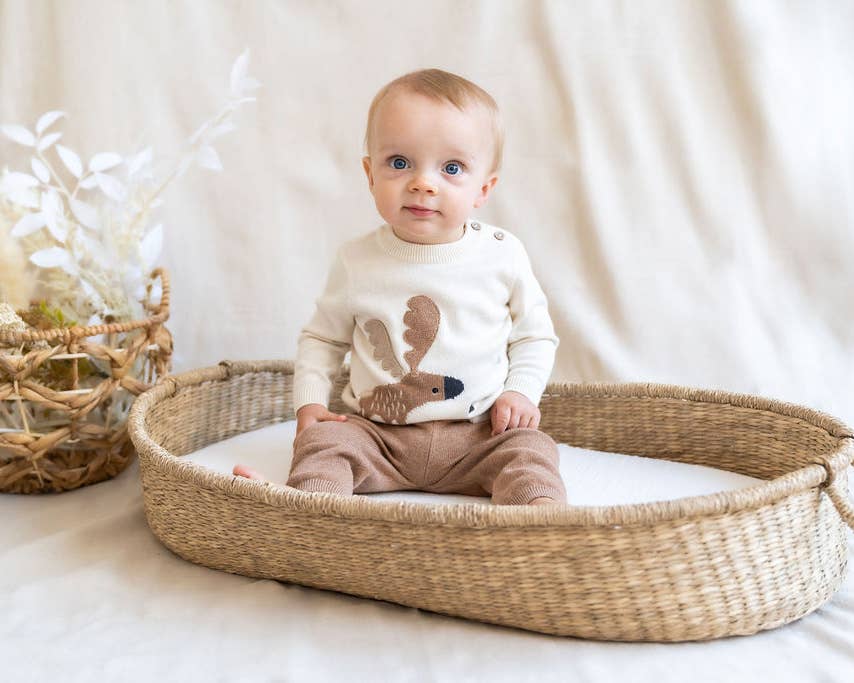 Moose Jacquard Knit Baby Pullover Sweater (Organic Cotton): Natural / 12-18M