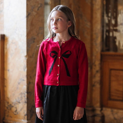 Organic Bow Intarsia Cardigan: Red with Black Bow / S
