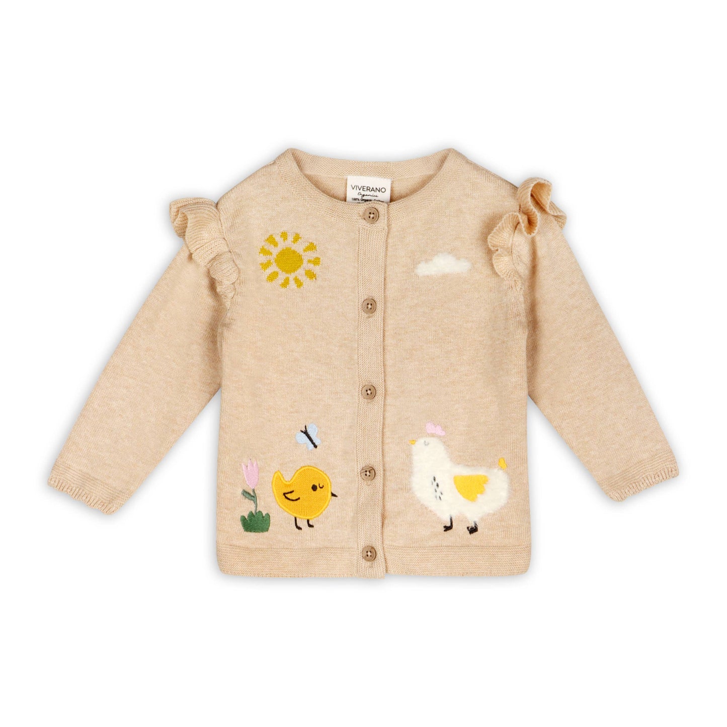 Chicken Little Embroidered Sweater Baby Cardigan (Organic): Oat Heather / 12-18M