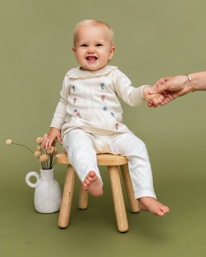 Emma Floral Embroidered Knit Baby Ruffle Dress (Organic): Natural / 6-12M
