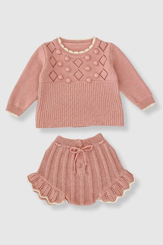 100% Cotton Knit Sweater Set with Flutter Detail - Pink: 12-18M