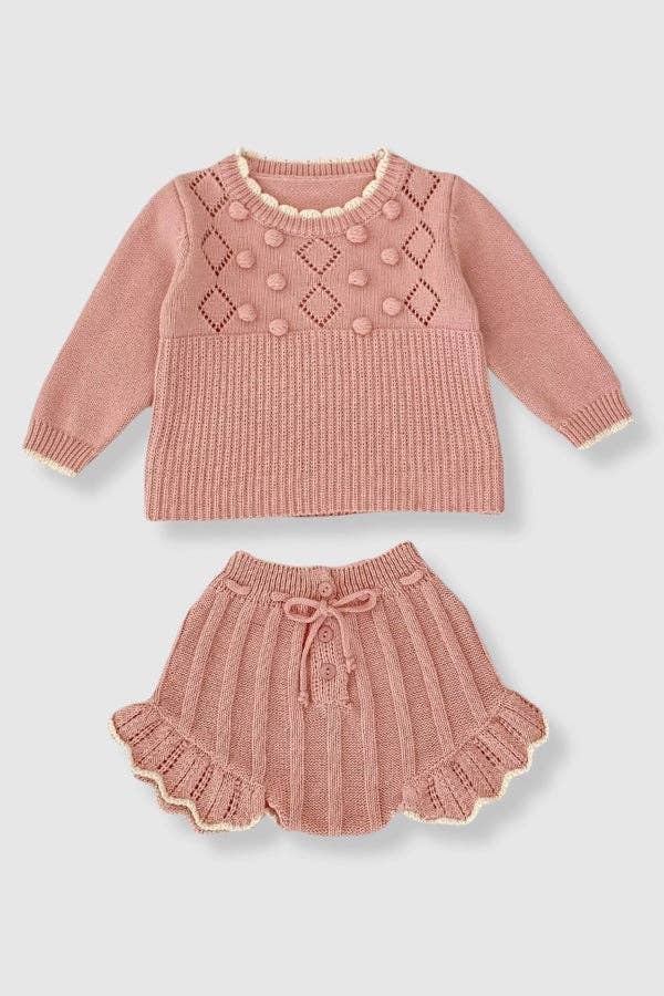 100% Cotton Knit Sweater Set with Flutter Detail - Pink: 18-24M